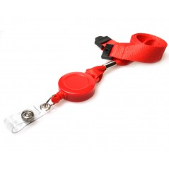 Cordon tour de cou, largeur 15 mm, rouge, avec enrouleur badge et clip sécuritaire
