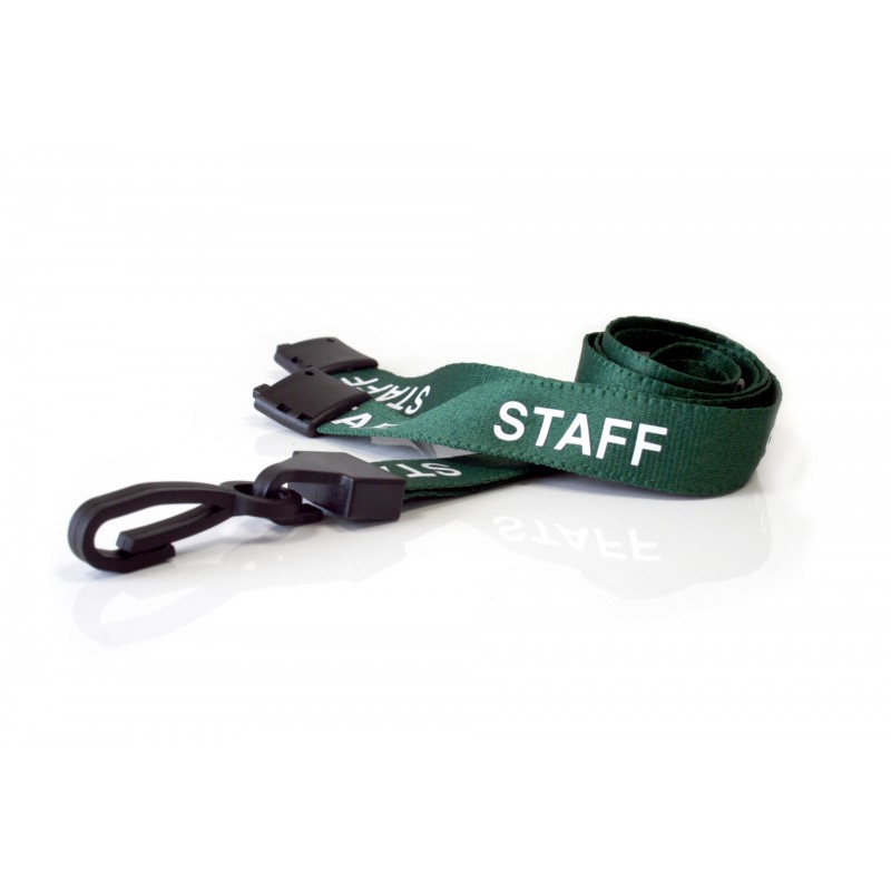 Cordon tour de cou pré-imprimé "Staff", largeur 15 mm, vert foncé, avec mousqueton plastique