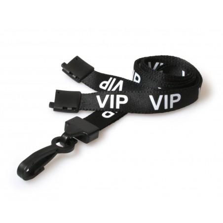 Cordon tour de cou pré-imprimé "VIP", largeur 15 mm, noir, avec mousqueton plastique