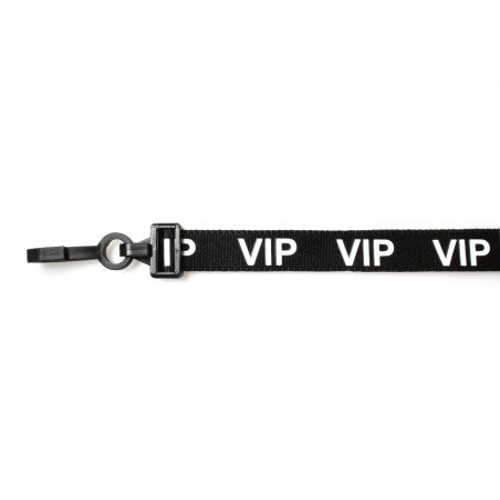 Cordon tour de cou pré-imprimé "VIP", largeur 15 mm, noir, avec mousqueton plastique