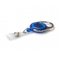 Enrouleur attache-badge en plastique avec accroche métal et lanière, bleu translucide, lot de 50