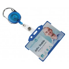 Enrouleur attache-badge en plastique avec accroche métal et lanière, bleu translucide, lot de 50
