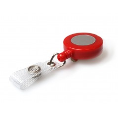 Enrouleur attache-badge en plastique avec lanière et clip, rouge, sticker argent, lot de 25