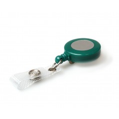 Enrouleur attache-badge en plastique avec lanière et clip, vert, sticker argent, lot de 25