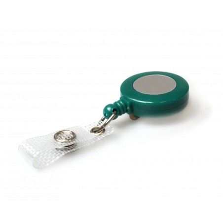 Enrouleur attache-badge en plastique avec lanière et clip, vert, sticker argent, lot de 25