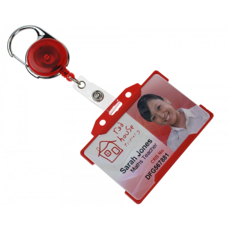 Enrouleur attache-badge en plastique avec accroche métal et lanière, rouge  translucide, lot de 50