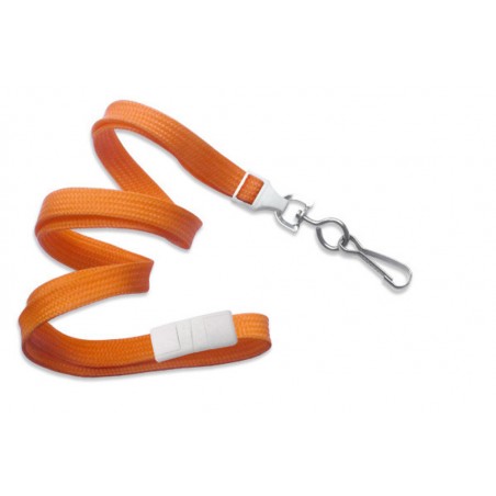 Cordon tour de cou sécuritaire, largeur 10 mm, orange, avec mousqueton métal simple, lot de 100