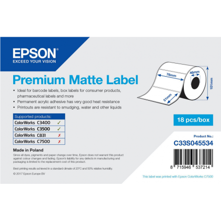 Rouleau d'étiquettes adhésives pré-découpées Epson Premium Matte, 76 mm x 51 mm, 650 étiquettes