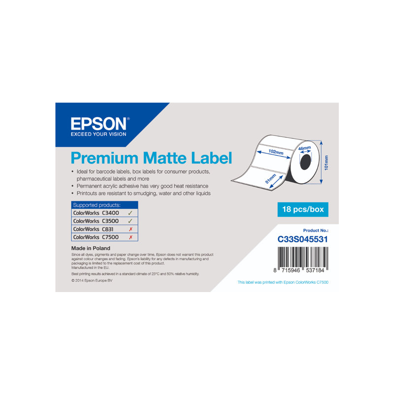 Rouleau d'étiquettes adhésives pré-découpées Epson Premium Matte, 102 mm x 51 mm, 650 étiquettes