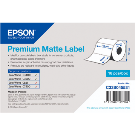 Rouleau d'étiquettes adhésives pré-découpées Epson Premium Matte, 102 mm x 51 mm, 650 étiquettes