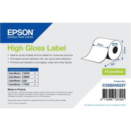 Rouleau d'étiquettes adhésives continu Epson High Gloss, 76 mm x 33 m