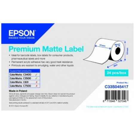 Rouleau d'étiquettes adhésives continu Epson Premium Matte, 51 mm x 35 m, lot de 2