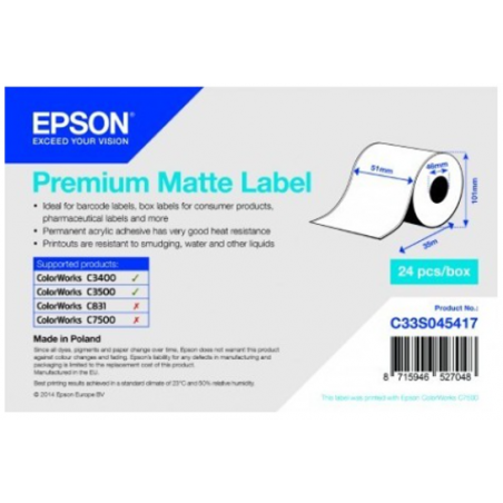 Rouleau d'étiquettes adhésives continu Epson Premium Matte, 51 mm x 35 m