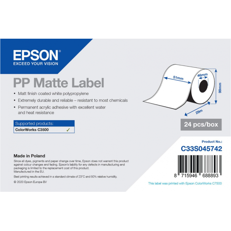 Rouleau d'étiquettes adhésives continu, synthétique, Epson PP Matte, 51 mm x 29 m