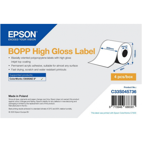 Rouleau d'étiquettes adhésives continu synthétique, Epson BOPP High Gloss, 203 mm x 68 m