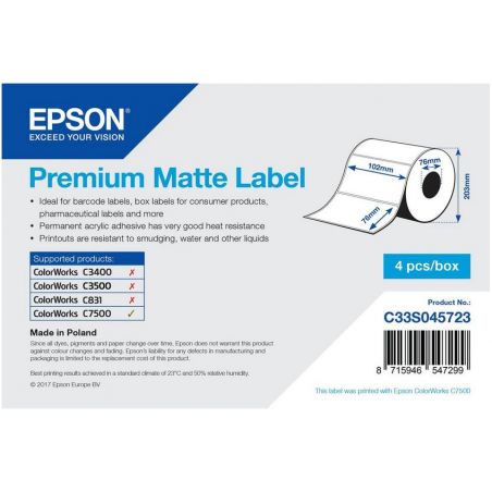 Rouleau d'étiquettes adhésives pré-découpées Epson Premium Matte, 102 mm x 76 mm, 1570 étiquettes