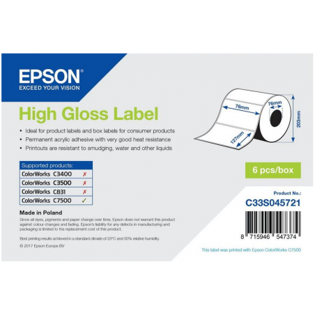 Rouleau d'étiquettes adhésives pré-découpées Epson High Gloss, 76 mm x 127 mm, 960 étiquettes