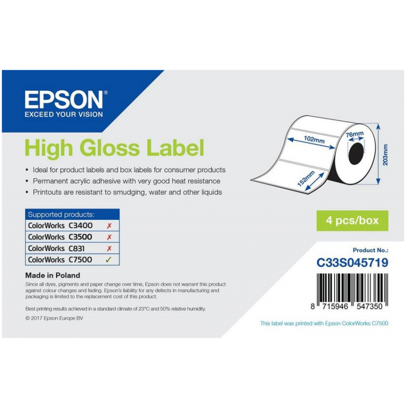 Rouleau d'étiquettes adhésives pré-découpées Epson High Gloss, 102 mm x 152 mm, 800 étiquettes