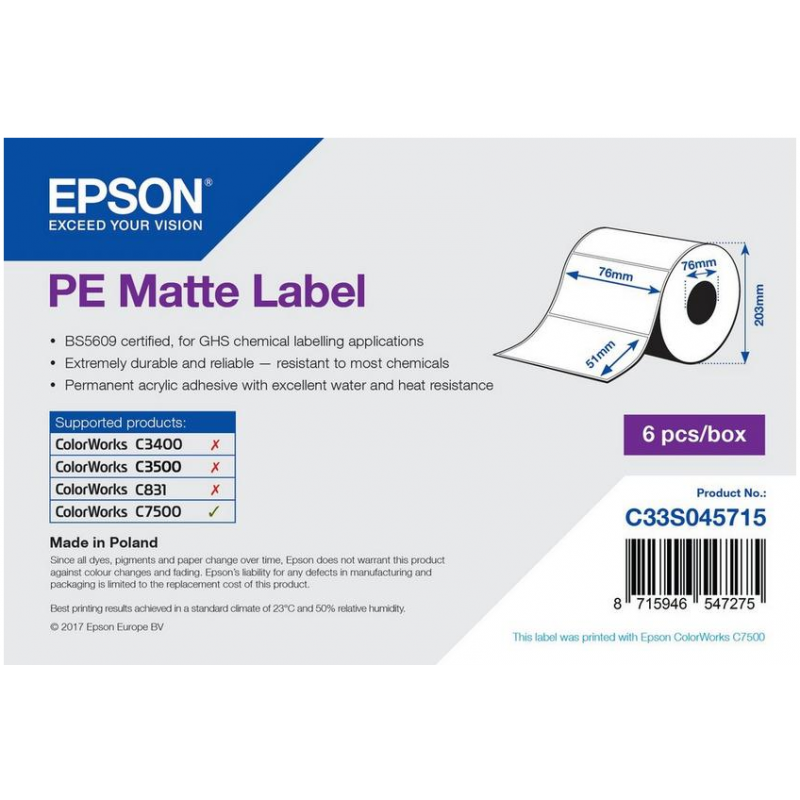 Rouleau d'étiquettes adhésives pré-découpées Epson PE Matte,76 mm x 51 mm, 2310 étiquettes