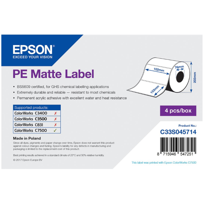 Rouleau d'étiquettes adhésives pré-découpées Epson PE Matte,102 mm x 152 mm, 800 étiquettes