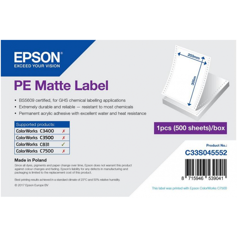 Etiquettes adhésives Epson, pliées, découpées, avec perforations, 203 mm x 305 mm, 500 étiquettes