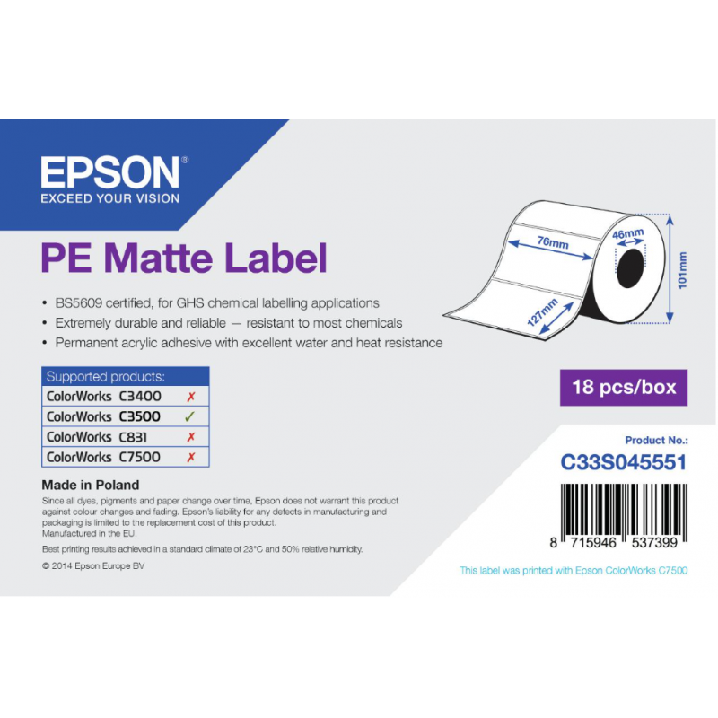 Rouleau d'étiquettes adhésives pré-découpées Epson PE Matte, 76 mm x 127 mm, 220 étiquettes