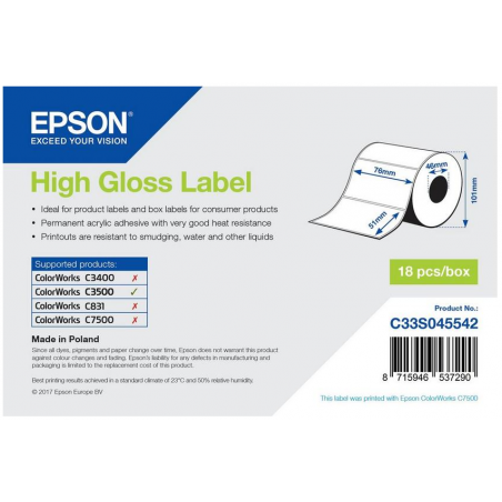 Rouleau d'étiquettes adhésives pré-découpées Epson High Gloss, 76 mm x 51 mm, 610 étiquettes