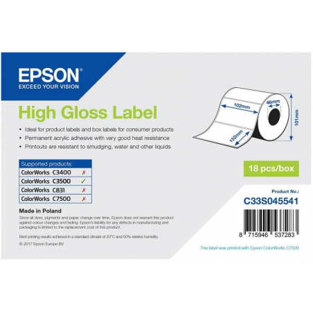 Rouleau d'étiquettes adhésives pré-découpées Epson High Gloss, 102 mm x 152 mm, 210 étiquettes