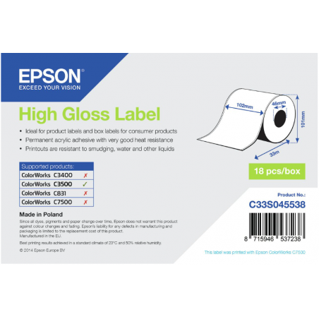 Rouleau d'étiquettes adhésives continu Epson High Gloss, 102 mm x 33 m