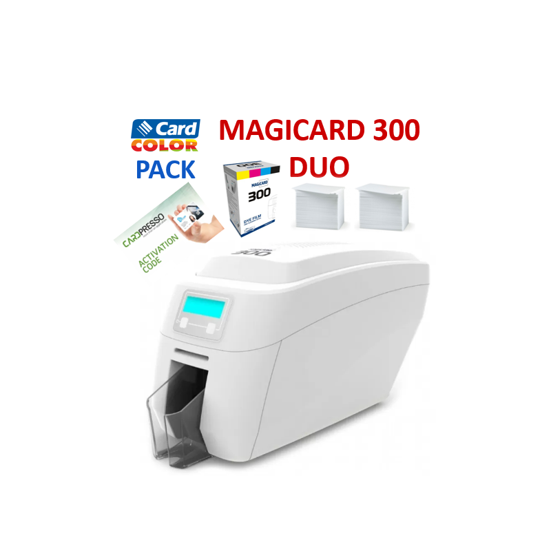 Pack imprimante de cartes Magicard 300 Duo, double face, USB, Ethernet, ruban couleur, 200 cartes pvc blanches, logiciel