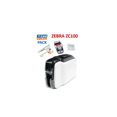 Pack imprimante de cartes Zebra ZC100, simple face, USB, ruban couleur, 100 cartes blanches, logiciel