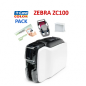 Pack imprimante de cartes Zebra ZC100, simple face, USB, ruban couleur, 100 cartes blanches, logiciel