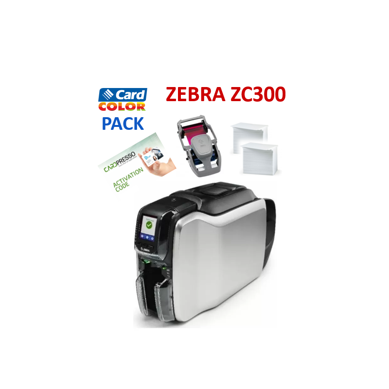 Pack imprimante de cartes Zebra ZC300, double face, USB, Ethernet, ruban couleur, 200 cartes pvc blanches, logiciel