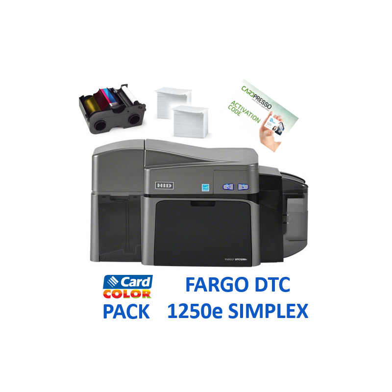Pack imprimante de cartes Fargo DTC1250e, simplex, USB, ruban couleur, 200 cartes pvc blanches, logiciel