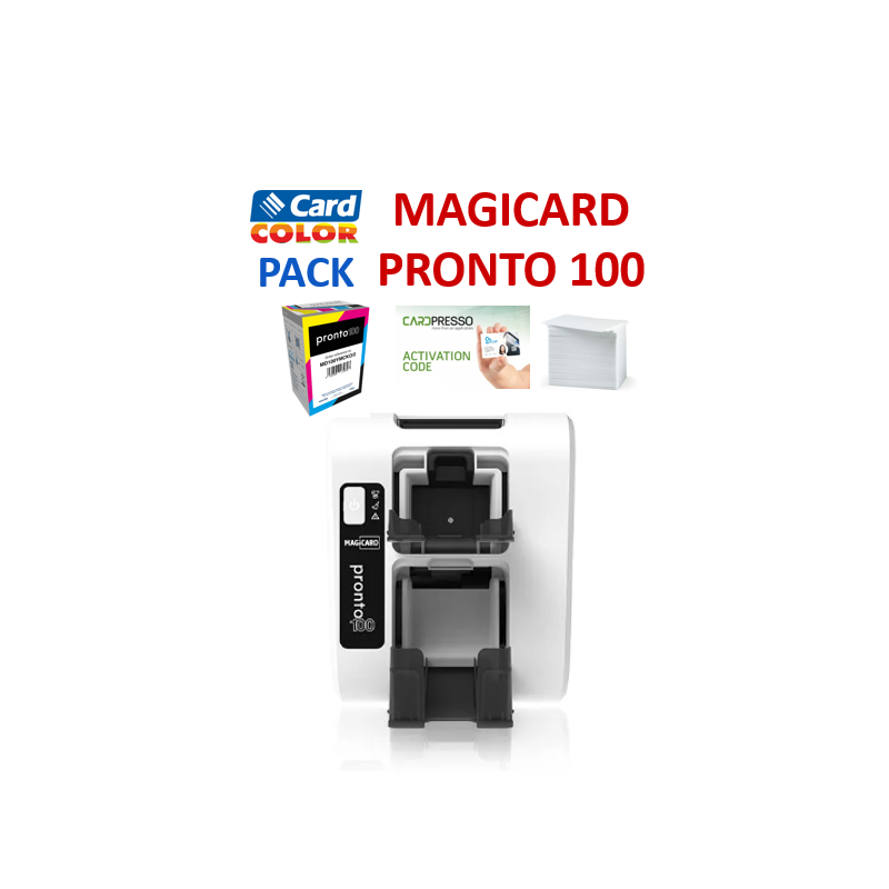 Pack imprimante de cartes Magicard Pronto 100, simple face, USB, Ethernet, ruban couleur, 100 cartes blanches, logiciel